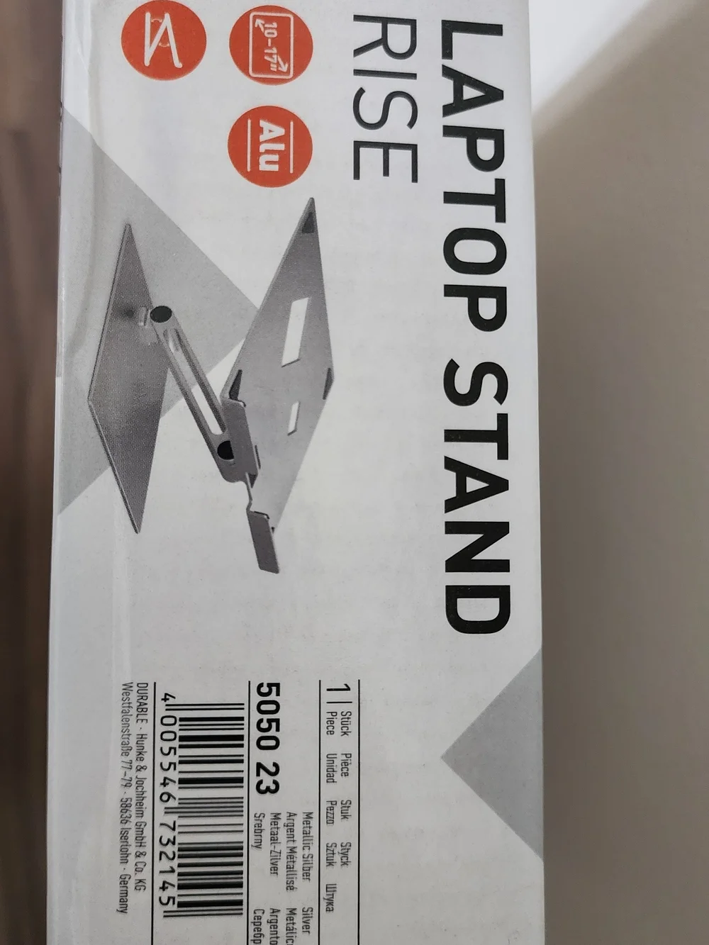 DURABLE Laptop Stand Rise Aluminum Silver 10-17in Adjustable Anti-Slip